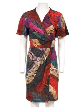 Just Cavalli Womens Snakeprint Wrap Belt Dress Size IT 40 Viscose Red Ran Brown